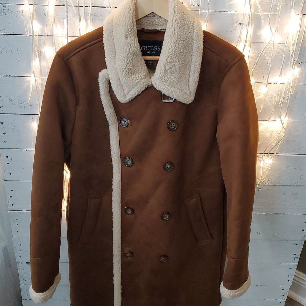 GUESS MENS FAUX-SHEARLING COGNAC OVERCOAT SIZE M NWOT-NEW WITHOUT TAGS - Picture 14 of 14